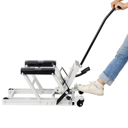 Hydraulic Motorcycle Lift Jack 1500 LBS Capacity, ATV Scissor Lift Jack with 4 Wheels, Foot-Operated Hoist Stand for Motorcycles, ATVs, UTVs, and Powersports, Includes 2 Tie-Down Straps, Gray
