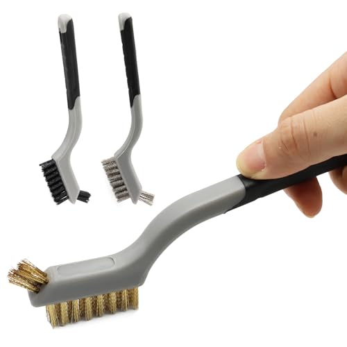 3PCS Durable Wire Brush Set,Brass Stainless Steel Nylon,Curved Handle Brush for Cleaning Rust Removal in Holes DIY Enthusiasts(Grey) - style: Grey-Nylon,Brass,Stainless Steel