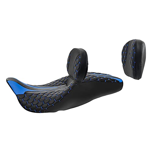 C.C. RIDER Classic Motorcycle Touring Seat Set- Passenger Backrest PAD Rider Sissy Bar for Harley Davidson Touring Road King Street Glide Road Glide Electra Glide CVO 2009-2023 - color: Black Blue Rider Seat + Backrest