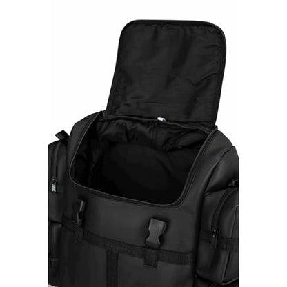 Expandable Black PU Motorcycle Sissy Bar Bag, Weather Resistant Luggage with Secure Mounting and Multiple Storage Compartments