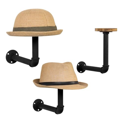MyGift 3 Pcs Cowboy Hat Holder on Wall, Hat Rack Hooks, Wig Display Helmet Collection Organizer, Baseball Cap Hanger Entryway Bedroom, Realistic Black Metal Pipe Brown Wood - color: Industrial Style