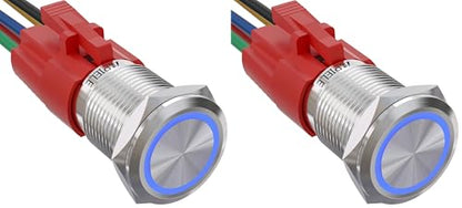 APIELE 16mm Latching Push Button Switch 12V DC On Off Stainless Steel with LED Angel Eye Head for 0.63" Mounting Hole with Wire Socket Plug Self-Locking(Blue) (Pack of 2) - color: Silver Shell-Blue, size: Silver Shell (Pack of 2)