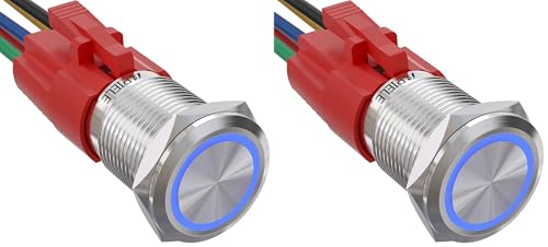 APIELE 16mm Latching Push Button Switch 12V DC On Off Stainless Steel with LED Angel Eye Head for 0.63" Mounting Hole with Wire Socket Plug Self-Locking(Blue) (Pack of 2) - color: Silver Shell-Blue, size: Silver Shell (Pack of 2)