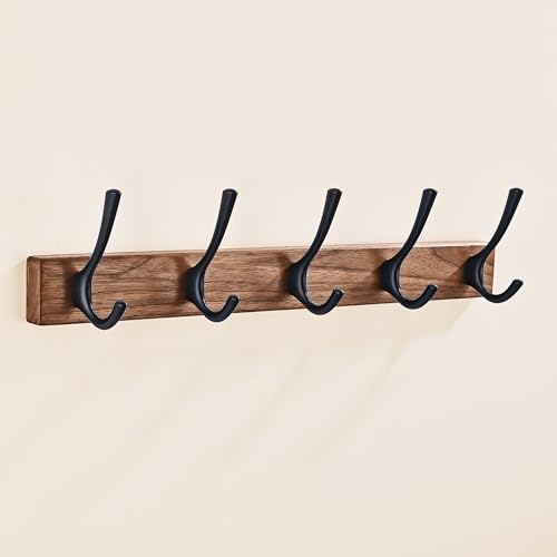 17.3" Small Walnut Wood Coat Rack Wall Mount with 5 Hooks, Heavy Duty Wooden Jacket Hanger Door Mounted for Decorative Entryway and Bathroom Hanging Towel Backpack Purse Clothes Hat Key - color: Black 5 Hooks Wall Coat Rack