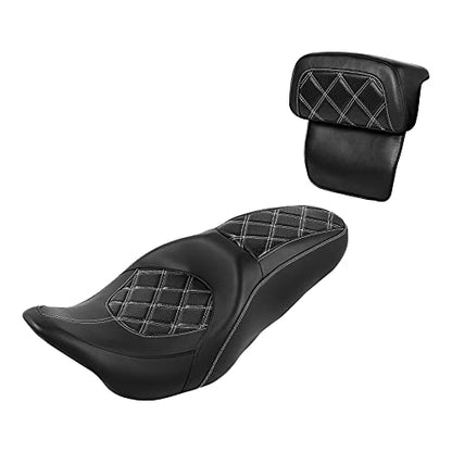 C.C. RIDER Classic Seat Backrest Pad - Driver Seat Rider Sissy Bar Passenger Backrest Pad Kit fit for Harley Davidson Touring Road King Street Glide Electra Glide Road Glide 2014-2023 - color: Seat + Passenger Sissy Bar Black White