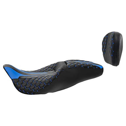 SLMOTO Rider Passenger Seat w/Sissy Bar Pad Fits For Harley Touring Road King Street Glide Electra Glide Road Glide Tri-Glide 14-23 Trike 10-11 CVO Custom 2-Up Motorcycle Seat One-Piece Driver Seat - color: Blue + Passenger Backrest PAD