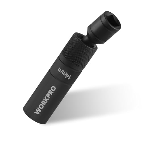 WORKPRO 14MM Swivel Magnetic Spark Plug Socket 12-Point, 1mm Thin Wall Socket, 360 Swivel, 3/8" Drive x 4", Black Phosphate Finish, Anti-Slip Knurled Grip - size: 14MM×3/8"×4"