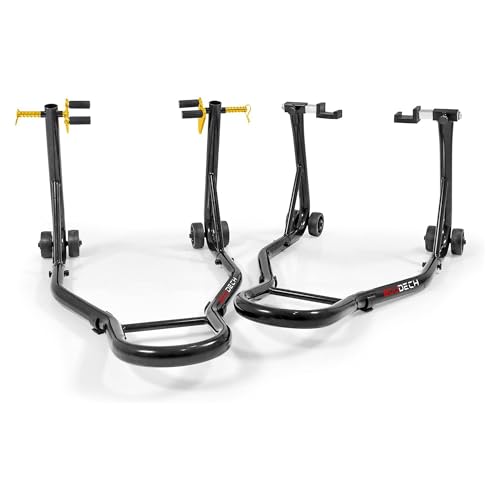 BOUDECH® Heavy Duty Motorcycle Stand Lift 850lbs Front Rear Combo Lift Stand Front Wheel with Dymond Shape and Rear Wheel with U Fork - Swingarm Spool Stand (Ridelock)