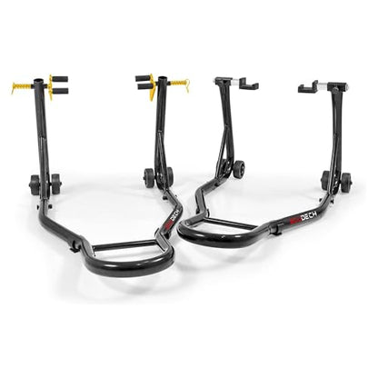 BOUDECH® Heavy Duty Motorcycle Stand Lift 850lbs Front Rear Combo Lift Stand Front Wheel with Dymond Shape and Rear Wheel with U Fork - Swingarm Spool Stand (Ridelock)