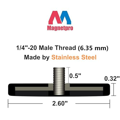 Magnetpro 2 Pieces Strong Rubber Coated Mounting Magnets Anti-Scratch & Anti Corrosion, Over 65 LB Adhesive Power, with 1/4"-20 Stainless Steel Male Thread and Nut for PTZ, Camera - size: 65LB - 1/4"-20 Male SS 2P