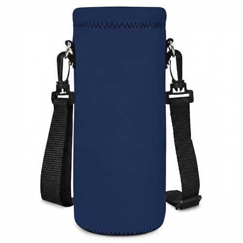 RICHEN Neoprene Water Bottle Carrier Bag with Adjustable Shoulder Strap,Insulated Water Bottle Cover for Stainless Steel/Glass/Plastic Bottles - color: Navy Blue, size: 750ml