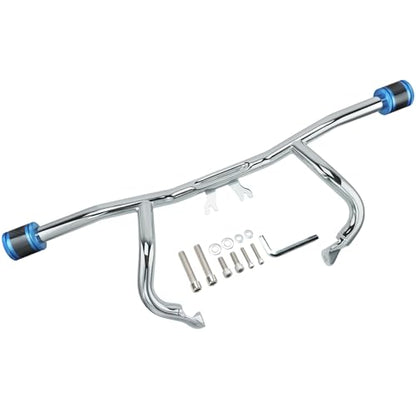Engine Guard Flat Out Crash Bar for 2014-2025 Harley Touring Street Glide Road Glide Road King Electra Glide Ultra Models (Chrome w/Blue CNC) - color: Chrome w/Blue CNC