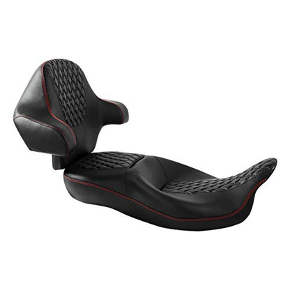 C.C. RIDER One-Piece Driver Passenger Seat with Wrap-around King Tour Trunk Backrest Pad fit for Harley Touring Road King FLHR Street Glide FLHX Road Glide FLTRX 2014-2023 - color: 08# Red+ Backrest