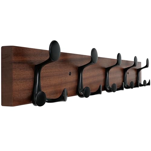 WEBI Coat Rack Wall Mount,30" Solid Wood Coat Hooks Wall Mounted Coat Hanger,16" Hole to Hole,Heavy Duty 5 Triple Hooks for Hanging Coats,Jacket,Hat,Backpack,Farmhouse,Reddish Brown - color: Reddish Brown, size: 30 Inch