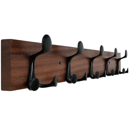 WEBI Coat Rack Wall Mount,30" Solid Wood Coat Hooks Wall Mounted Coat Hanger,16" Hole to Hole,Heavy Duty 5 Triple Hooks for Hanging Coats,Jacket,Hat,Backpack,Farmhouse,Reddish Brown - color: Reddish Brown, size: 30 Inch
