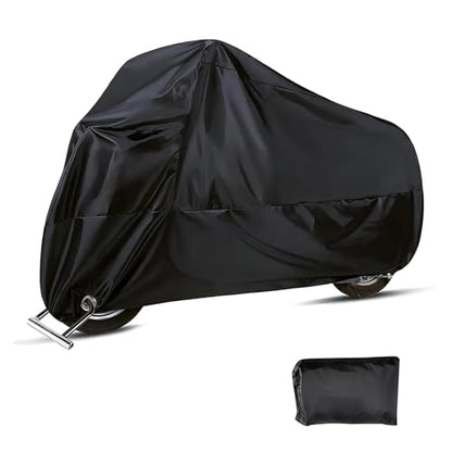 Motorcycle Cover, 190T Anti-scratch Waterproof Shield for All Seasons, Full Coverage Windproof Protector with Fixed Buckle Strap, Anti-theft Outdoor Accessory with Lock-holes (Black)
