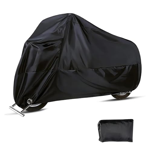 Motorcycle Cover, 190T Anti-scratch Waterproof Shield for All Seasons, Full Coverage Windproof Protector with Fixed Buckle Strap, Anti-theft Outdoor Accessory with Lock-holes (Black)