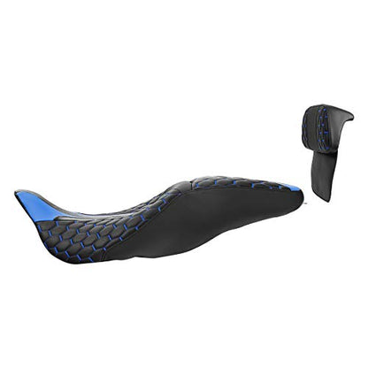 SLMOTO Motorcycle Two Up Seat Custom Driver Passenger Leather Seat w/Backrest Pad Fits For Harley Touring Road King Street Glide Electra Glide Road Glide Tri-Glide Trike 2014-2023 - color: Blue + Passenger Backrest SP