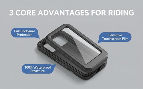 Waterproof Motorcycle Phone Mount, Full Protection Touchscreen Holder, IPX6 Water Resistant, High-Sensitivity PET Touch Film, Black
