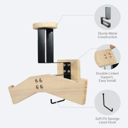Wall Mount Helmet Holder, Motorcycle Cap Gear Rack, Pine Wood & Iron with Hook, Multi-Purpose Display Hanger for Jackets, Hats