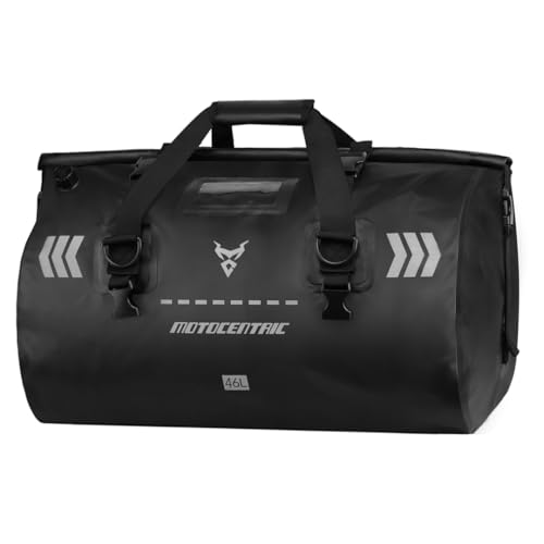 46L Motorcycle Luggage, Waterproof Roll-Top Motorcycle Bag for Long Distance Travel & Camping & Accommodates Musical Instruments, 500D PVC Heavy Duty Dry Bag with Air Valve & Shoulder Straps (Black)