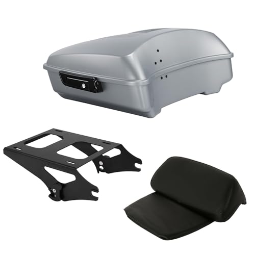 TCT-MOTORPARTS Atlas Silver Metallic Chopped Tour Luggage Trunk w/Backrest Mount Rack Fits for Harley Touring 14-25 Street Glide FLHX Ultra Limited FLHTK 2024 - color: Fit for Atlas Silver Metallic, size: Chopped Trunk+Black Mount Rack