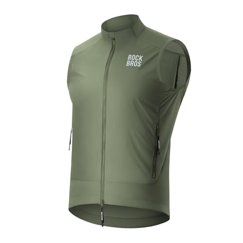 ROCKBROS Cycling Vest for Men Windproof Sleeveless Jacket Two-way zipper Gilet Super-Light Coat for Cycling Hiking Running - color: Olive Green, size: Large