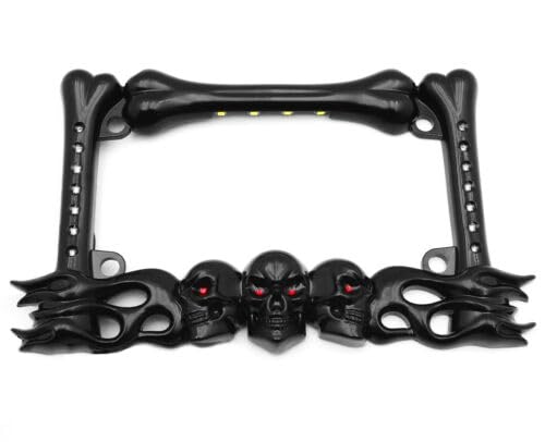 3D Skull Metal License Plate Frame with Amber Red LED Brake Turn Signals, White Plate Illumination, Universal Fit for All Motorcycle License Plates - color: Black, size: Skull LED