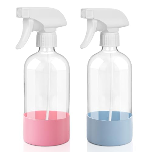 UUJOLY Plastic Spray Bottle Trigger Empty Spray Bottles Clear Refillable Container for Water, Essential Oils, Hair, Cleaning Products, Adjustable Head Sprayer and Stream, Pink + Light Blue - color: Pink + Light Blue, size: 2 Pack/500ml