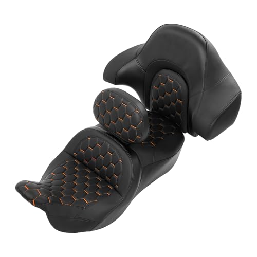 C.C. RIDER Driver Passenger Hammock Seat+ Rider Backrest+ King/Chopped Trunk Backrest Fit For Harley Touring 2014-2023 Street Glide Road Glide Road King Electra Glide - color: 16# Orange Seat+ Driver Backrest+ Trunk Backrest
