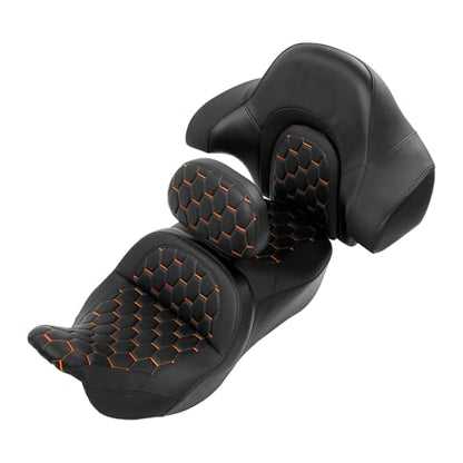 C.C. RIDER Driver Passenger Hammock Seat+ Rider Backrest+ King/Chopped Trunk Backrest Fit For Harley Touring 2014-2023 Street Glide Road Glide Road King Electra Glide - color: 16# Orange Seat+ Driver Backrest+ Trunk Backrest
