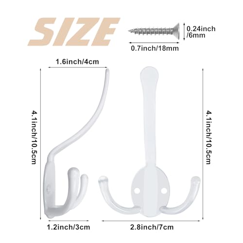 Homanu 8 Pack Coat Hooks Heavy Duty, Metal Three Prongs Large Coat Hooks Wall Mounted with 16 Screws, No Rust White Rustic Wall Hooks for Hanging Towel, Coat, Scarf, Bag, Hat, Cup, Key - color: 8 Pcs White