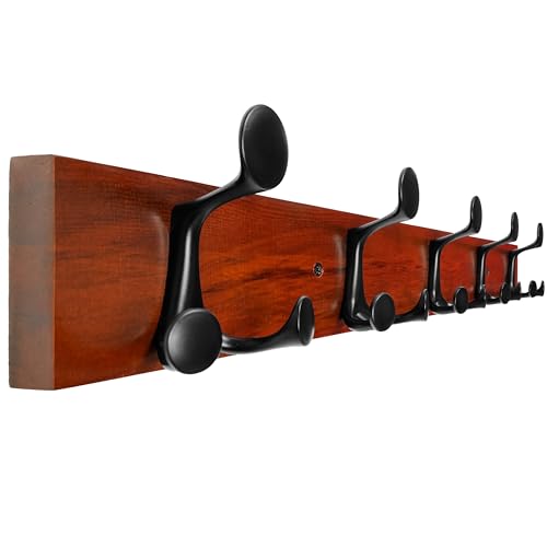 WEBI Coat Rack Wall Mount,30" Solid Wood Coat Hooks Wall Mounted Coat Hanger,16" Hole to Hole,Heavy Duty Hook Rack Rail,5 Triple Hooks for Hanging Coats,Jacket,Clothes,Hat,Backpack,Cherry - color: Cherry, size: 30 Inch