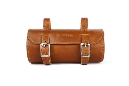 M RUFOUS Genuine Leather Saddle Bags for Motorcycles with Brass Buckle Closure, Premium Motorcycle Handlebar Bag, Mid Brown Motorcycle Tool Bag - Free Waterproof Cover - color: Brown