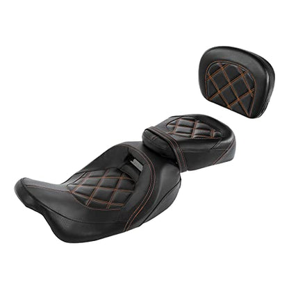 SLMOTO Motorcycle Rider Seat with Passenger Sissy Bar Tour Trunk Pad Fit for Harley Davidson Touring Road King Street Glide Road Glide Tri-Glide 09-20 Trike 10-22 CVO Custom Bikes Brown Stitching - color: Brown