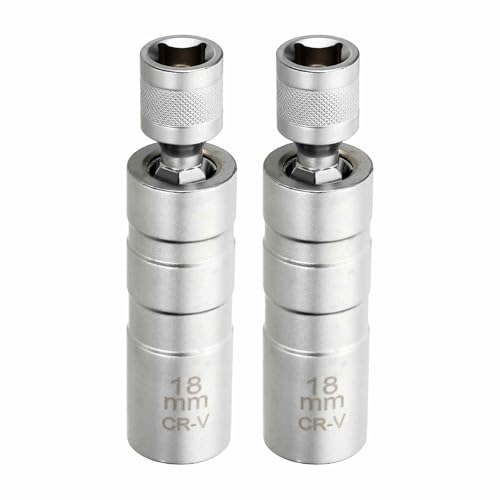 HARFINGTON 2pcs Spark Plug Socket Set 3/8" Drive 18mm Swivel Magnetic 12 Point Thin Wall Spark Plug Socket with 360 Degree Swivel CR-V Steel, Silver - size: 18mm