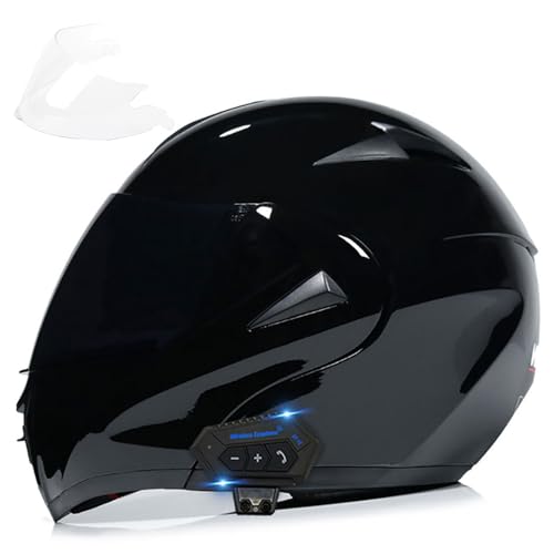 Motorcycle Bluetooth Modular Helmet, DOT Approved Dual Visor Full Face Flip up Bluetooth Integrated Motorcycle Helmets for Adults Men Women - color: Gloss Black, size: Medium