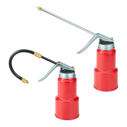 2-Pcs Oil Can Hand Pump Oiler Metal Pump Oil Can 8oz. (250ml) with Metal Straight & Long Flex Spout - color: 2 Red 8oz.