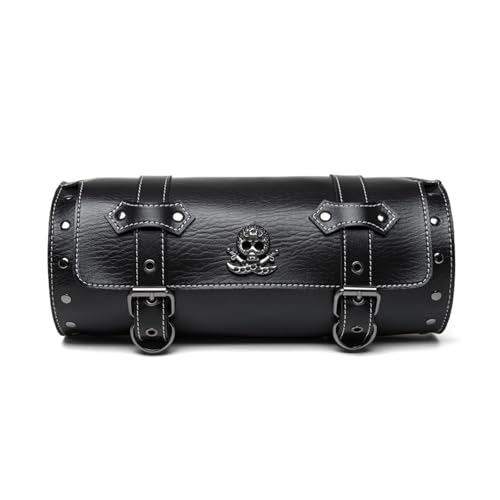 Motorcycle Tool Bag, Black PU Leather, Skull Design, Universal Waterproof Saddlebag for Front Fork Handlebar，Front Fork, Tail Rack (FBG324BK) - color: FBG324BK