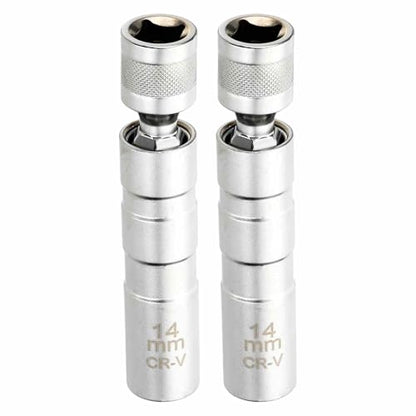 HARFINGTON 2pcs Spark Plug Socket Set 3/8" Drive 14mm Swivel Magnetic 12 Point Thin Wall Spark Plug Socket with 360 Degree Swivel CR-V Steel, Silver - size: 14mm