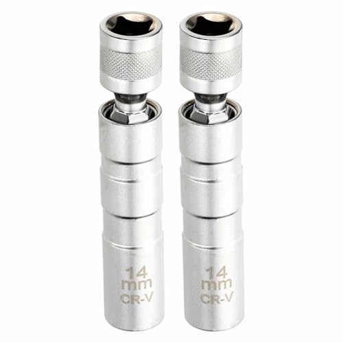 HARFINGTON 2pcs Spark Plug Socket Set 3/8" Drive 14mm Swivel Magnetic 12 Point Thin Wall Spark Plug Socket with 360 Degree Swivel CR-V Steel, Silver - size: 14mm