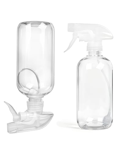 2 Pack 360° Spray Bottles, 16 oz Plastic Small Containers with Adjustable Spray Nozzles, Spray Bottles for Hair, Cleaning Solutions, BBQ and Plants Clear - color: Clear, size: 16 Ounces