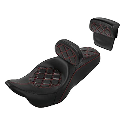 C.C. RIDER Classic Seat Backrest Pad - Driver Seat Rider Sissy Bar Passenger Backrest Pad Kit fit for Harley Davidson Touring Road King Street Glide Electra Glide Road Glide 2014-2023 - color: Seat + Driver Pad + Passenger Sissy Bar Black Red