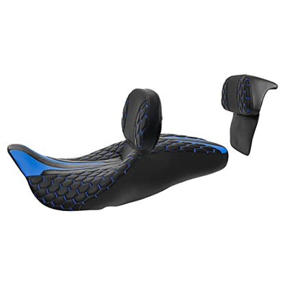 C.C. RIDER Low Profile Touring Seat - Driver Rider Passenger Seat For Harley Davidson Touring Road King Street Glide Road Glide Electra Glide CVO 2014-2023 - color: Black Blue Rider Seat + Sissy Bar