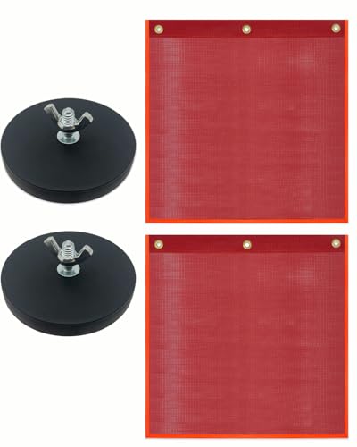 Safety Flags with Magnetic Base for Truck, Red Mesh Heavy Duty Magnetic Safety Flag 18 x 18 Inch Flag with Brass Loop Safety Warning Flags with Magnet Base for Truck Trailer Oversize Load-2 Pack - color: Red 2 pack