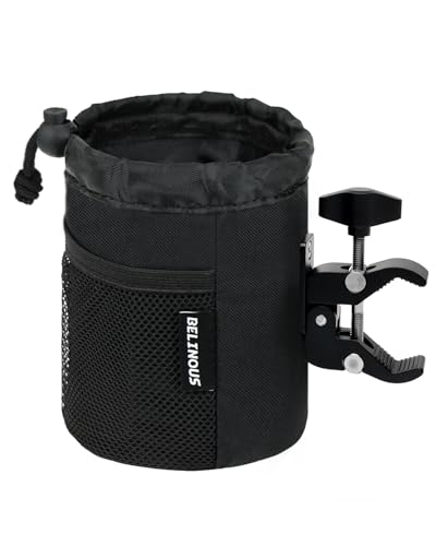 Belinous Motorcycle Cup Holder with 0.75"-1.5" Alligator Clamp, Drink Holder up to 24oz with Mesh Pockets, Universal Water Bottle Holder for Motorcycle, Bicycle, ATV, Wheelchair, e-Bike, Boat (Black) - size: Medium