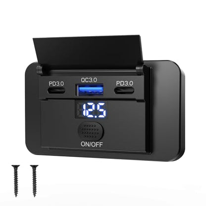 Upgraded 12V USB Outlet Surface Mount Panel 90W Dual PD 3.0 36W and QC 3.0 18W Car Port with Switch and Voltmeter, 12 Volt USB Charger Socket Accessories for RV Bus Marine Motorcycle