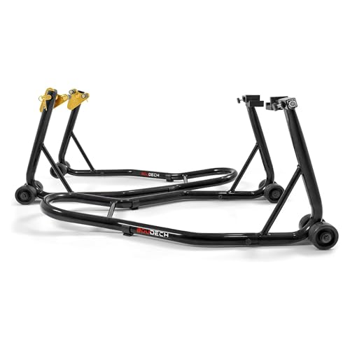 BOUDECH® Heavy Duty Motorcycle Stand Lift 850lbs Front Rear Combo Lift Stand Front Wheel with Dymond Shape and Rear Wheel with U Fork - Swingarm Spool Stand (Ridelock)