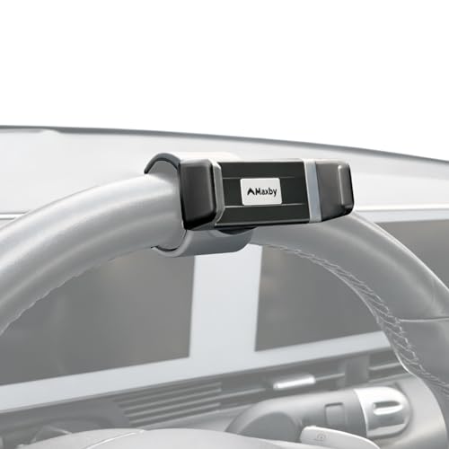 Maxby Steering Wheel Phone Holder Mount for Parked Use, Universal Clamp Fits Most Phones, 360° Rotating Adjustable Bracket, Quick Attach Detach, Hands-Free Viewing for Waiting and Meals in the Car