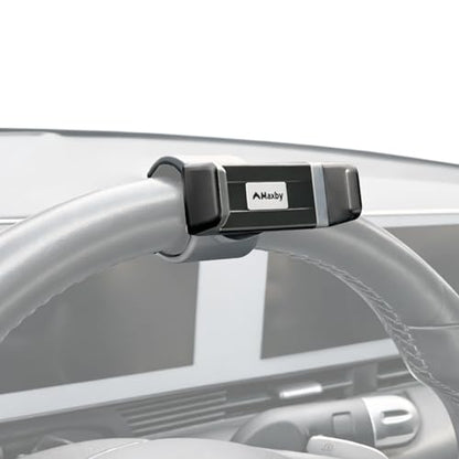 Maxby Steering Wheel Phone Holder Mount for Parked Use, Universal Clamp Fits Most Phones, 360° Rotating Adjustable Bracket, Quick Attach Detach, Hands-Free Viewing for Waiting and Meals in the Car